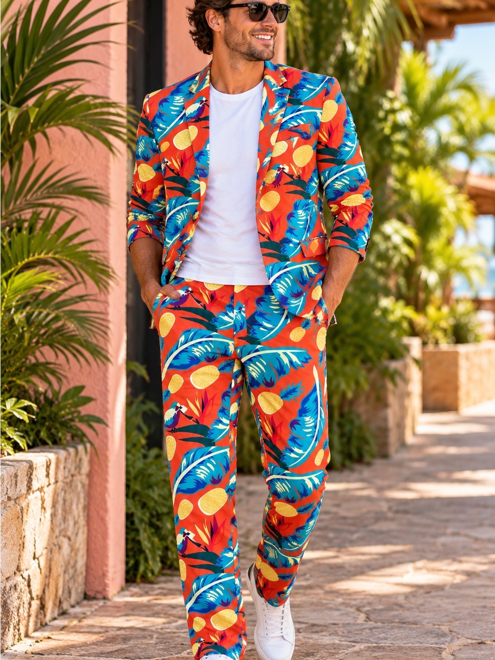 Shinesty Men’s 40 Tropical Pineapple Bird Print Suit Blazer Pants Set